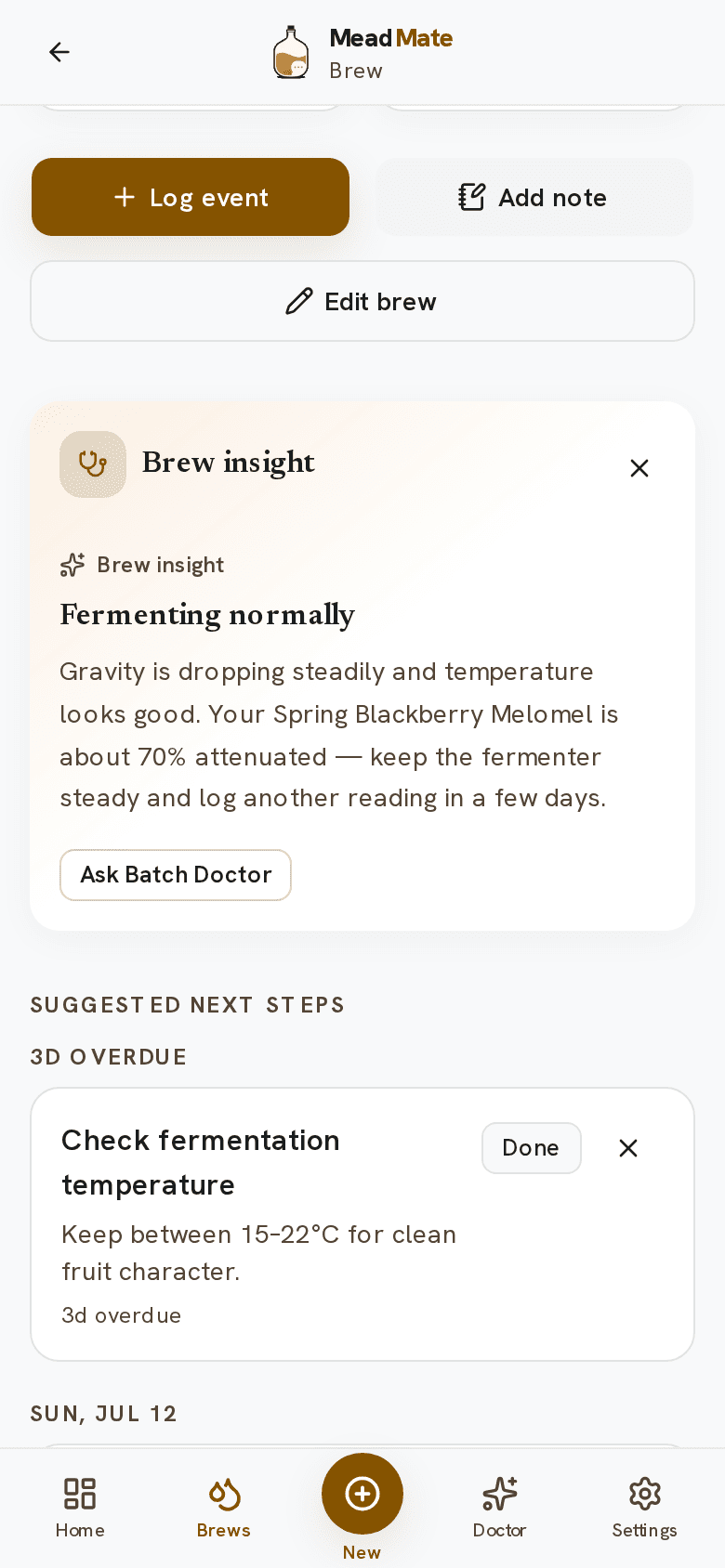 MeadMate batch health screen with a brew insight and key readings